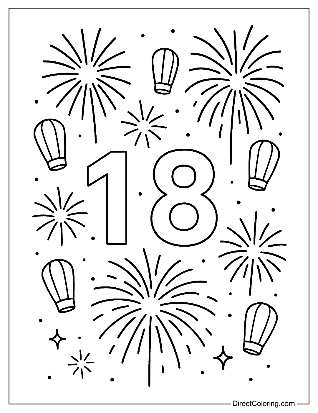 number 18 coloring page with fireworks and flying lanterns